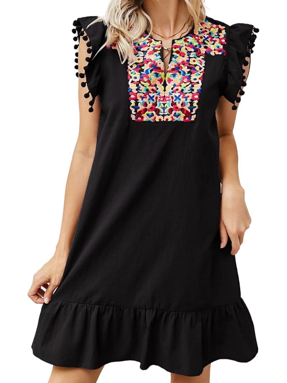 Black Embroidered Pom-Sleeve Shift Dress